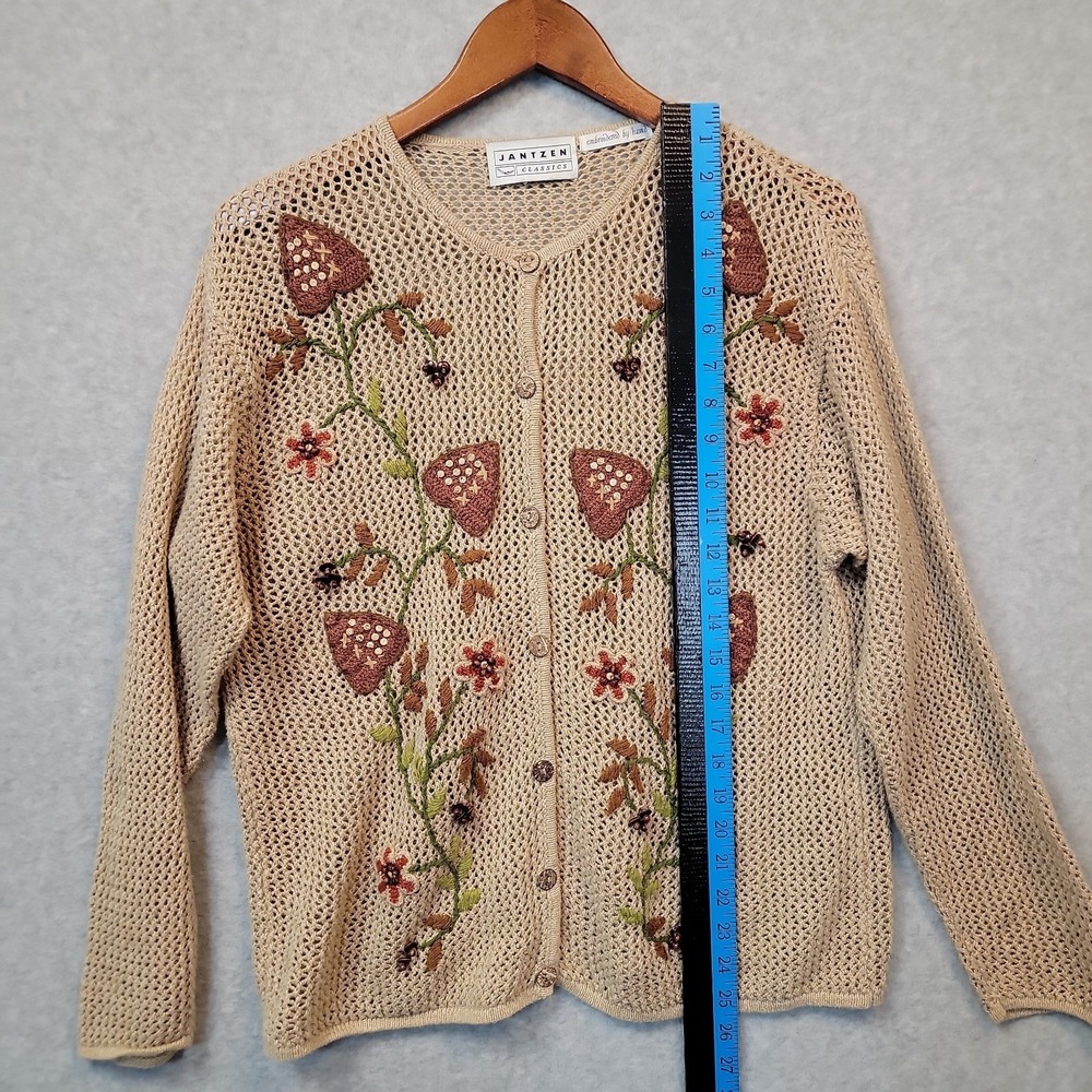 Vintage Jantzen Cardigan Sweater Women's M Beige Embroidery Mushroom Aesthetic - Picture 8 of 11